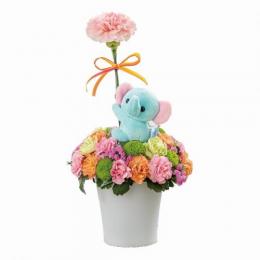 空色ぞうさんのマスコット付きアレンジメント