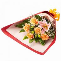 ユリとオレンジバラの花束