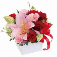 ユリと赤のキューブアレンジメント